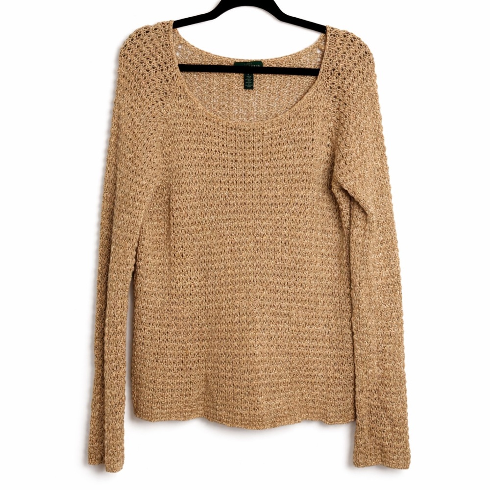 Lauren Jeans‎ Co Ralph Lauren Tan Open Knit Sweater XL Cotton Linen  Pullover
